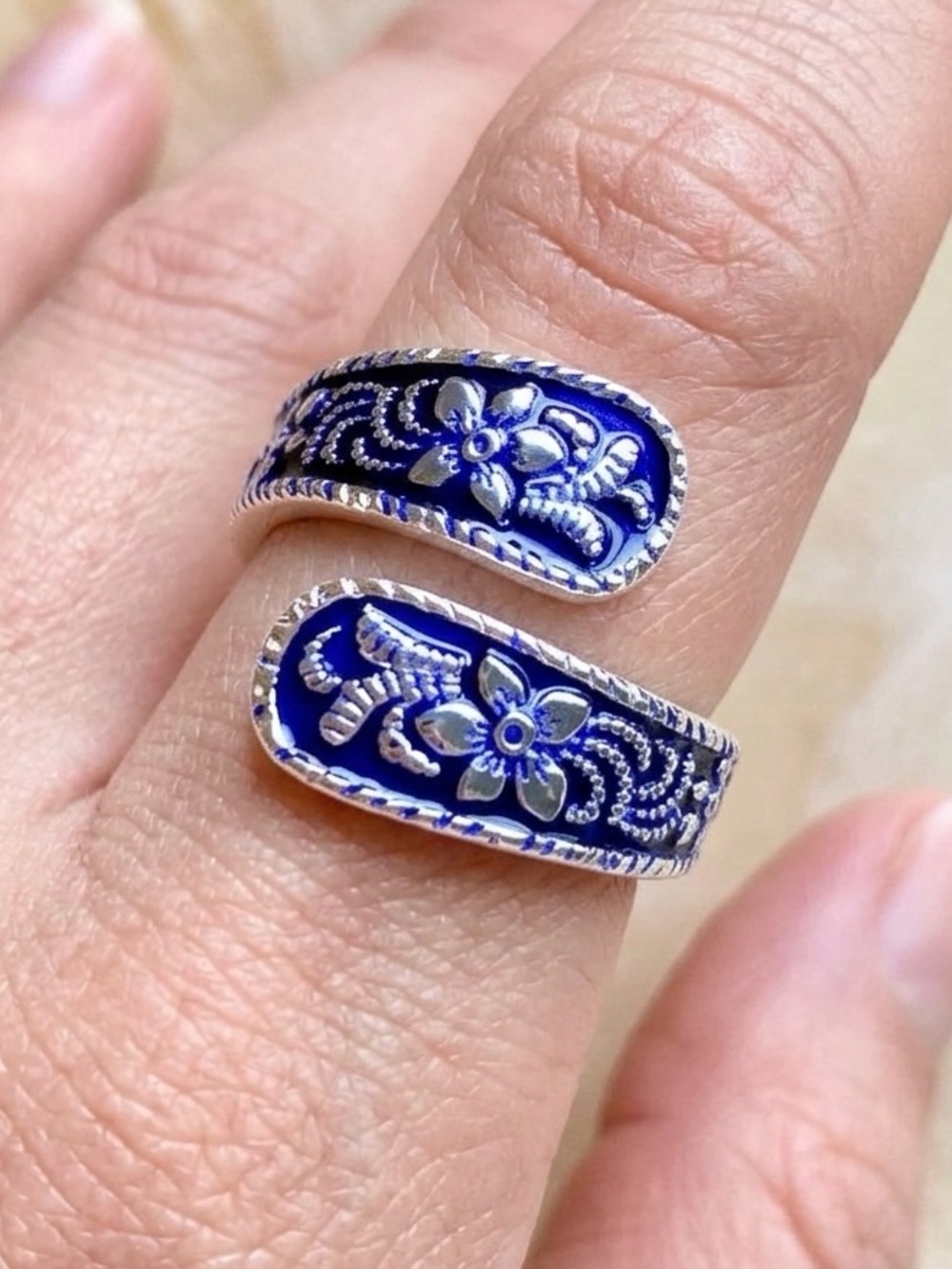 Silver-Accent Blue Floral Wrap Ring